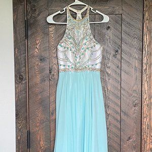 High Neck Blue and White Prom Dress
